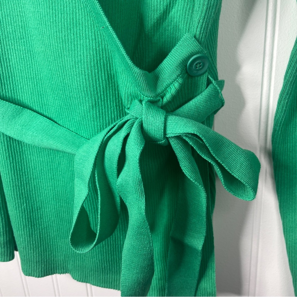 CAbi New Vibrant Green V-Neck Wrap Sweater Ribbed Cocktail Cardigan Long Sleeve - Picture 3 of 8